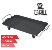 Muvip Plancha de Asar Electrica 1500W - 2 Zonas Lisa y Grill - Placa Antiadherente - Asas Tacto Frio - Termostato Extraible - Superficie 40x24cm