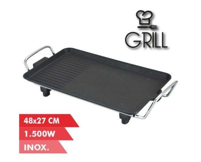 Muvip Plancha de Asar Electrica 1500W - 2 Zonas Lisa y Grill - Placa Antiadherente - Asas Tacto Frio - Termostato Extraible - Superficie 48x27cm