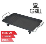 Muvip Plancha de Asar Electrica 1500W - 2 Zonas Lisa y Grill - Placa Antiadherente - Asas Tacto Frio - Termostato Extraible - Superficie 66x29cm