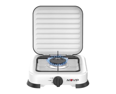 Muvip Vulcano Cocina de Gas con 1 Fuego - Tapa Protectora - Patas de Goma - Superficie Esmaltada - Quemador Extraible - 26.8x26x8x5.9cm - Color Blanco