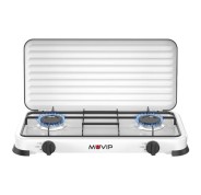 Muvip Vulcano Cocina de Gas con 2 Fuegos - Tapa Protectora - Patas de Goma - Superficie Esmaltada - Quemador Extraible - 57.7x27.8x5.3cm - Color Blanco