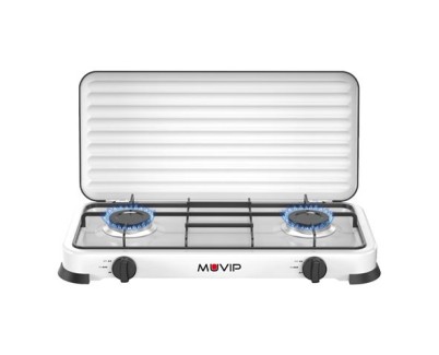 Muvip Vulcano Cocina de Gas con 2 Fuegos - Tapa Protectora - Patas de Goma - Superficie Esmaltada - Quemador Extraible - 57.7x27.8x5.3cm - Color Blanco