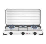 Muvip Vulcano Cocina de Gas con 3 Fuegos - Tapa Protectora - Patas de Goma - Superficie Esmaltada - Quemador Extraible - 57.7x27.8x5.3cm - Color Blanco