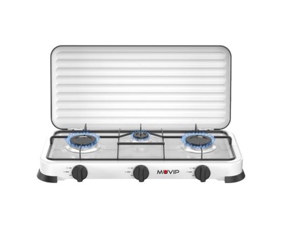 Muvip Vulcano Cocina de Gas con 3 Fuegos - Tapa Protectora - Patas de Goma - Superficie Esmaltada - Quemador Extraible - 57.7x27.8x5.3cm - Color Blanco