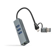 Nanocable Adaptador de Red USB-C + USB-A/M 3.0 a Ethernet Gigabit 10/100/1000 Mbps + Hub 3xUSB-A 3.0 - 15 cm - Color Gris