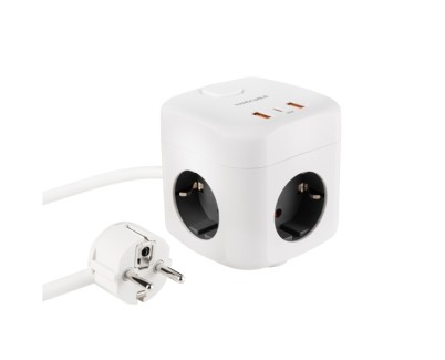 Nanocable Base de 3 Enchufes Schuko + 2x USB-A y 1x USB-C con Interruptor - Tecnologia GaN, PPS y PD 20W - Cable de 1.40m - Color Blanco