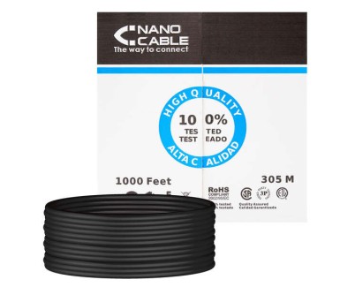 Nanocable Bobina de Cable de Red Rigido Impermeable para Exterior RJ45 Cat.6 UTP AWG24 305m - Color Negro