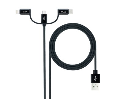 Nanocable Cable USB-A 2.0 Macho a USB-C, MicroUSB, Lightning Macho 1m - Color Negro