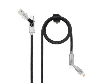 Nanocable Cable USB-C 4 en 1 - Soporta hasta 27W - Longitud 1m - Adaptador USB-A y Lightning Integrado - Indicador LED - Algodon Trenzado - Color Negro