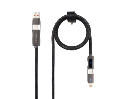 Nanocable Cable USB-C 4 en 1 - Soporta hasta 27W - Longitud 1m - Adaptador USB-A y Lightning Integrado - Pantalla Digital - Algodon Trenzado - Color Negro