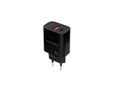 Nanocable Cargador de Pared USB-C/PD + USB-A/QC 30W - Color Negro