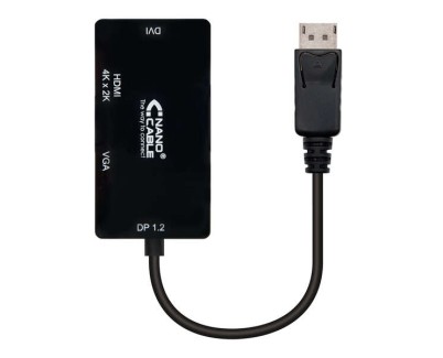 Nanocable Conversor Displayport a VGA / DVI / HDMI - 3 en 1 - DP 1.2/M-VGA/H-DVI/H-HDMI/H 4K - 15 cm - Color Negro