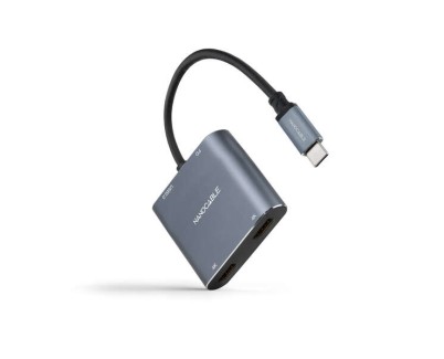 Nanocable Conversor USB-C a 2x HDMI, 1x USB 2.0 y 1x USB-C PD - Longitud del Cable 15cm - Color Gris