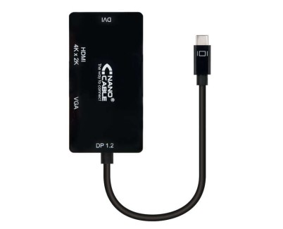 Nanocable Conversor USB-C a SVGA / DVI / HDMI - 3 en 1. USB-C/M-VGA/H-DVI/H-HDMI/H 4K - 10 cm - Color Negro