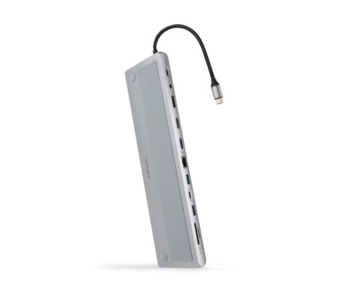 Nanocable HUB USB-C 11 en 1 - Conversor USB-C 3.1 a 3 x USB-A 3.0 + USB-C + USB-C 2 PD 100W + 2 x HDMI 4K60Hz + Displayport 4K60Hz + RJ45 + SD/TF + Audio - Aluminio - 18cm - Color Gris