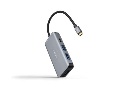 Nanocable HUB USB-C 5 en 1 - Conversor 3.2 GEN1 5G a 3 x USB-A 3.0 + USB-C + USB-C PD 100W - Aluminio - 15 cm - Color Gris