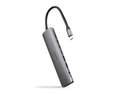 Nanocable HUB USB-C 8 en 1 - Conversor USB-C 3.1 a 2 x USB-A 3.0 + 3 x USB-C 3.0 + USB-C PD 100W + HDMI 4K@60Hz + Audio Jack 3.5 - Aluminio - 18cm - Color Gris