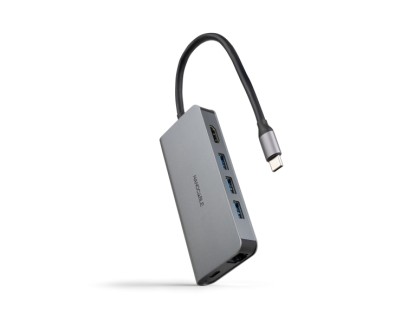 Nanocable HUB USB-C 8 en 1 - Conversor USB-C 3.1 a 3 x USB-A 3.0 + USB-C PD 100W + HDMI 4K@60Hz + RJ45 + TF + SD - Aluminio - 18cm - Color Gris