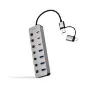 Nanocable Hub USBA/USB-C - 4x USB-A + 3x USB-C 3.0 + USB-C 5V - Interruptores Individuales ON/OFF - Cable 18cm - Color Plata
