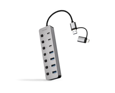 Nanocable Hub USBA/USB-C - 4x USB-A + 3x USB-C 3.0 + USB-C 5V - Interruptores Individuales ON/OFF - Cable 18cm - Color Plata