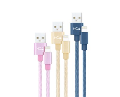 Nanocable Pack de 3 Cables Mallados USB-A Macho a Lightning Macho - Longitud 1m - Colores Rosa, Dorado y Azul