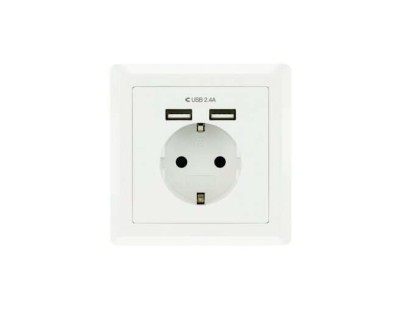 Nanocable Roseta Base de Enchufe de Pared Empotrable Tipo Schuko con 2 Tomas USB 2.4A - Color Blanco