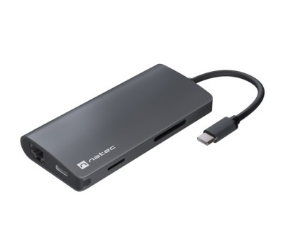 Natec Fowler 2 Adaptador Multipuerto 8en1 - USB-C a USB 3.0, HDMI 4K, RJ45, SD, MICRO-SD - Color Gris