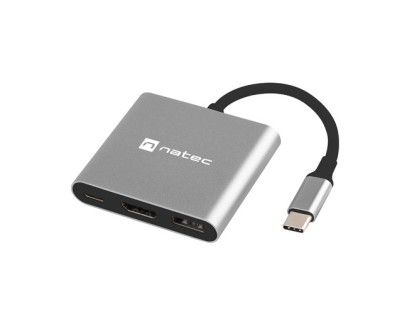 Natec Fowler Mini Adaptador Multipuerto 3en1 - USB-C a USB 3.0, HDMI 4K - USB-C Power Delivery - Color Gris