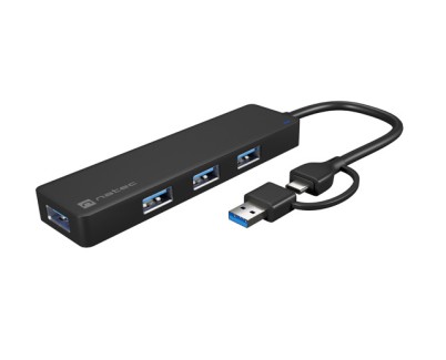 Natec Mayfly Hub USB-C - 4 Puertos USB 3.0 - Adaptador USB-C a USB-A - Color Negro