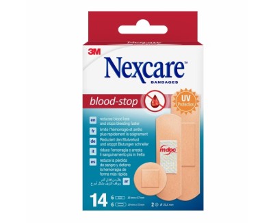 Nexcare Blood-Stop Pack de 14 Apositos Surtidos - Resistente al Agua - Mayor Rapidez Deteniendo Hemorragias - Color Piel