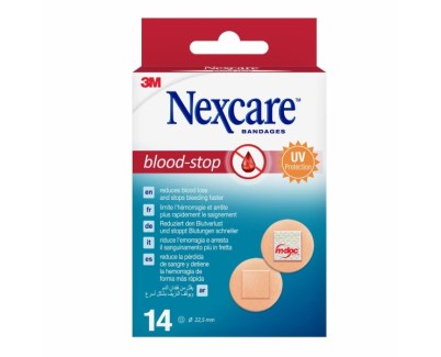 Nexcare Blood-Stop Pack de 14 Apositos Tipo Parche - 22mm de Diametro - Resistente al Agua - Mayor Rapidez Deteniendo Hemorragias - Color Piel