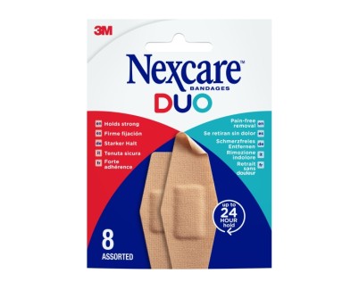Nexcare Duo Pack de 8 Apositos Surtidos - Retirada Sin Dolor - Resistente al Agua - Transpirable - Color Piel