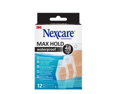 Nexcare Max Hold Waterproof Pack de 12 Apositos Surtidos - Impermeable - Fijacion 48H - Transpirable - Color Transparente