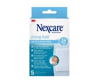 Nexcare Strong Hold Pack de 5 Apositos para Heridas - 50x101mm - Retirada Sin Dolor - Reposicionables - para Pieles Delicadas - Color Blanco