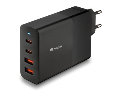 NGS Bud 100W Cargador GaN Universal de Pared 100W Ultrarapido - 2x USB-C PD & PPS, 2x USB-A QC 3.0 - Color Negro