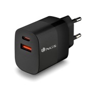 NGS Bud 45W Cargador GaN Universal de Pared 45W Ultrarapido - 1x USB-C PD & PPS, 1x USB-A QC 3.0 - Color Negro
