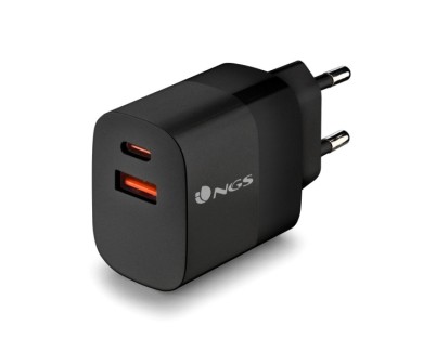 NGS Bud 45W Cargador GaN Universal de Pared 45W Ultrarapido - 1x USB-C PD & PPS, 1x USB-A QC 3.0 - Color Negro
