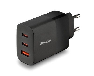NGS Bud 65W Cargador GaN Universal de Pared 65W Ultrarapido - 2x USB-C PD & PPS, 1x USB-A QC 3.0 - Color Negro