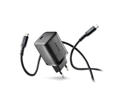 NGS Bud 65W Cargador GaN Universal de Pared 65W Ultrarapido - USB-C PD & PPS - Cable USB-C 1.5m - Color Negro