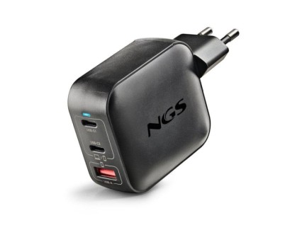 NGS Bud Tiny Cargador GaN Universal de Pared 100W Ultrarrapido - 2x USB-C PD & PPS, 1x USB-A QC 3.0 - Color Negro