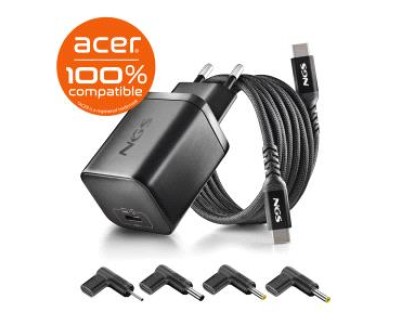NGS BUD65W?AC Cargador GaN 65W para Portatiles Acer - USB C Power Delivery y PPS - 4 Conectores DC Incluidos - Cable USB C 1.5m 60W - Dise&ntilde;o Ultraportatil - Proteccion contra Sobrecalentamiento y Sobrecargas