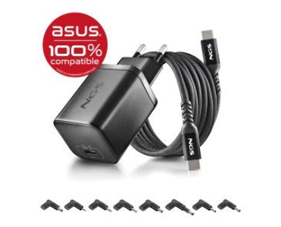 NGS BUD65W-AS Cargador GaN 65W para Portatiles ASUS - USB C Power Delivery y PPS - 8 Conectores DC Incluidos - Cable USB C 1.5 m 60W - Diseno Ultraportatil - Proteccion contra Sobrecargas y Sobrecalentamiento
