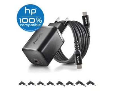 NGS BUD65W-H Cargador GaN 65W para Portatiles HP - USB C Power Delivery y PPS - 8 Conectores DC Incluidos - Cable USB C 1.5 m 60W - Diseno Ultraportatil - Proteccion contra Sobrecargas y Sobrecalentamiento