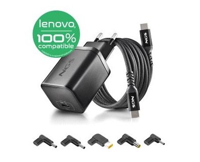 NGS BUD65W-L Cargador GaN 65W para Portatiles Lenovo - USB C Power Delivery y PPS - 5 Conectores DC Incluidos - Cable USB C 1.5 m 60W - Diseno Ultraportatil - Proteccion contra Sobrecargas y Sobrecalentamiento