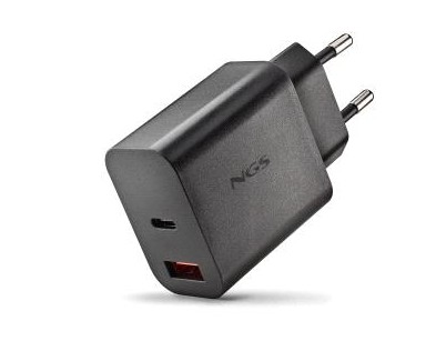 NGS ERA 20W Cargador de Pared Ultrarrapido GaN - 1 USB-C y 1 USB-A - Color Negro