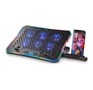 NGS HeroStand Base de Refrigeracion para Portatil Hasta 15.6\" - 6 Ventiladores con LED Azul - Pantalla LCD con Botones de Control - Bordes RGB - Soporte para Smarphone - Altura Regulable - Dos Puertos USB - Color Negro