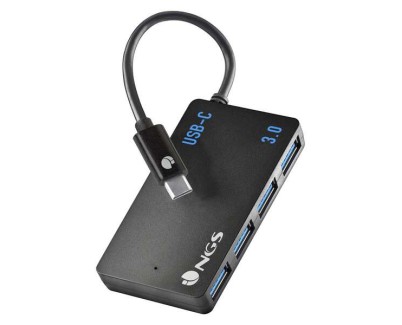 NGS Hub USB-C de Cuatro Puertos USB 3.0 - Tamaño Compacto - Alta Velocidad de Transmision - Compatible con Mac Tablets y Pc/Portatiles - Color Negro