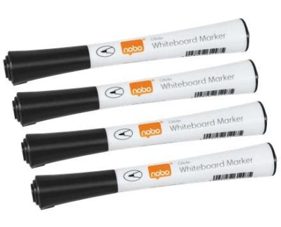Nobo Gilde Pack de 4 Rotuladores para Pizarra Blanca - Punta Fina 1mm - Tinta con Poco Olor - Color Negro