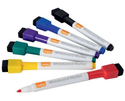Nobo Pack con 6 Mini Rotuladores para Pizarra Blanca con Tapa Borrador Magnetica - Punta Fina 2mm - Destaca en Pizarras Blancas - Colores Surtidos