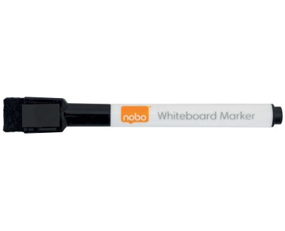 Nobo Pack de 6 Mini Rotuladores para Pizarra Blanca con Borrador Incorporado - Punta Fina de 2mm - Tapa Magnetica - Color Negro